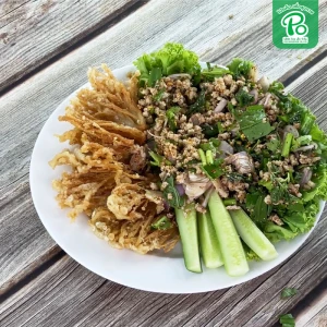 Fried Enoki top with Thai spicy Larb salad